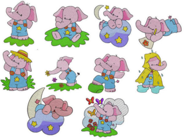 Pink Elephants Embroidery Designs