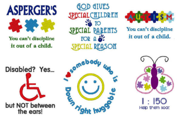 Autism, Asperges, Disabled, Downs, Special Needs Embroidery Designs